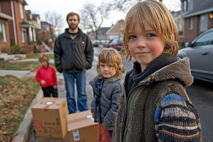 Photo of family outside with moving boxes