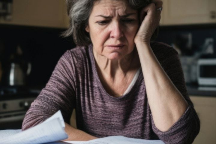 photo of woman frustrated while paying bills