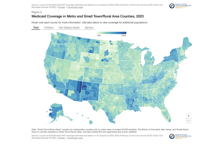 Medicaid Coverage in Metro and Small Town/Rural Area Counties, 2023 map from Georgetown report
