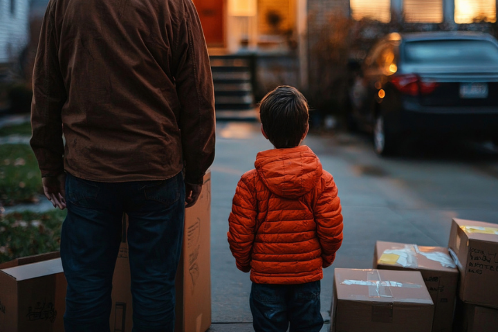 dad and son outside of house with boxes