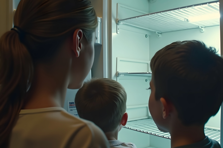 woman and her children looking in empty fridge