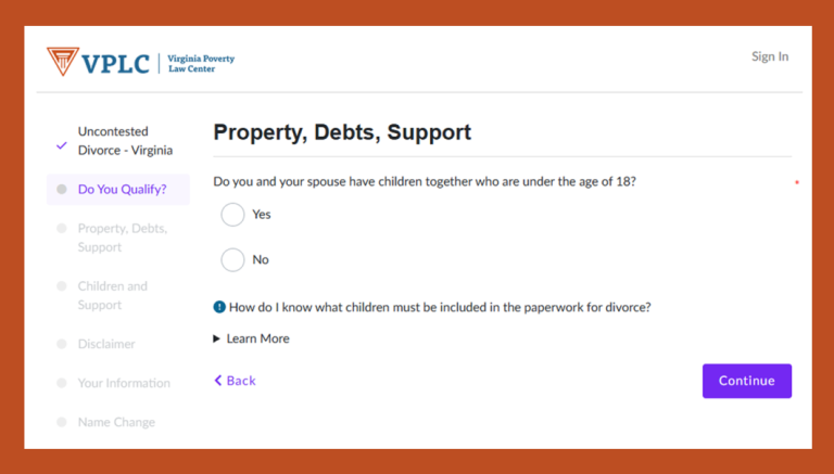 Screenshot of the online divorce tool, showing a simple set of questions.