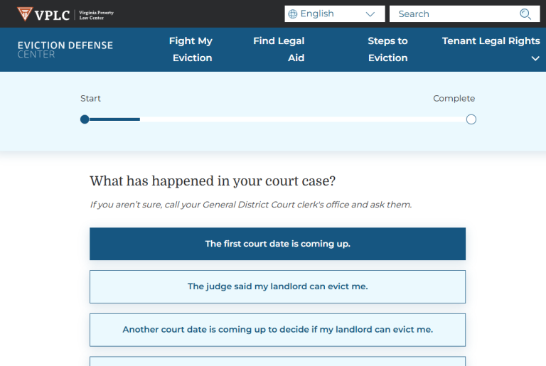 A screenshot of the Eviction Defense Center showing a screen where a tenant can choose their answer to "What has happened in your court case?"