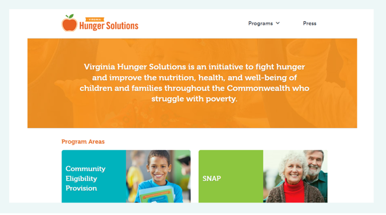 Screenshot of the Virginia Hunger Solutions website, showing two areas-- Community Eligibility Provision and SNAP