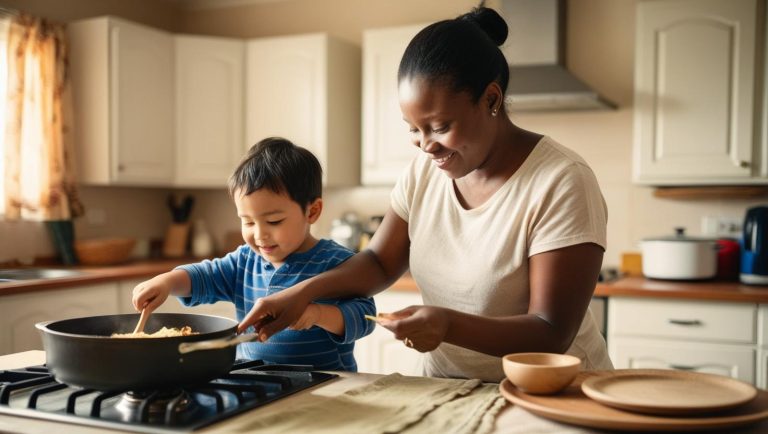 mother and son at stove