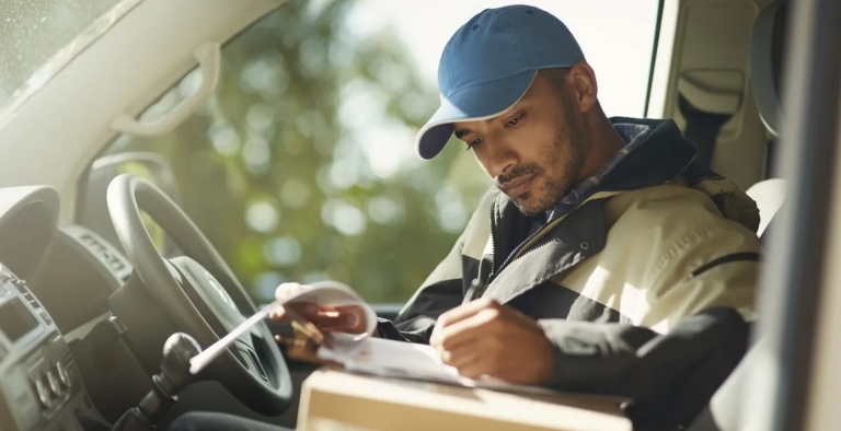 Delivery driver in his van, reviewing a slip