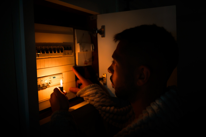 A man looking at a fuse box with a lighter in the dark