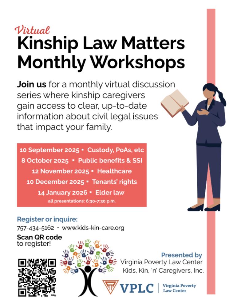 Virtual Kinship Law Matters Monthly Workshops flyer