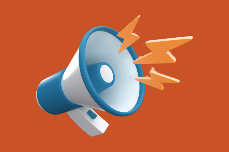 A blue and white megaphone emits yellow lightning bolts, symbolizing loud sound or announcement, set against a solid orange background.