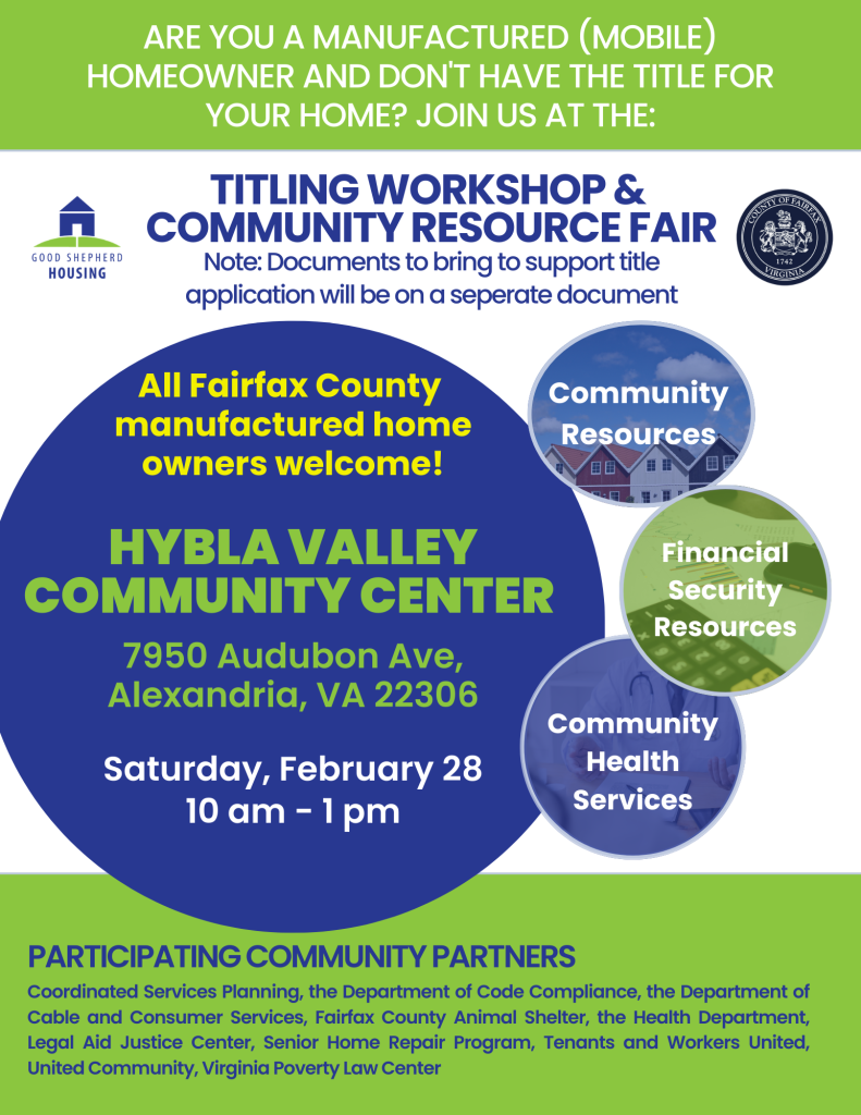 A flyer for a titling workshop and community resource fair for manufactured homeowners living in Fairfax County VA.