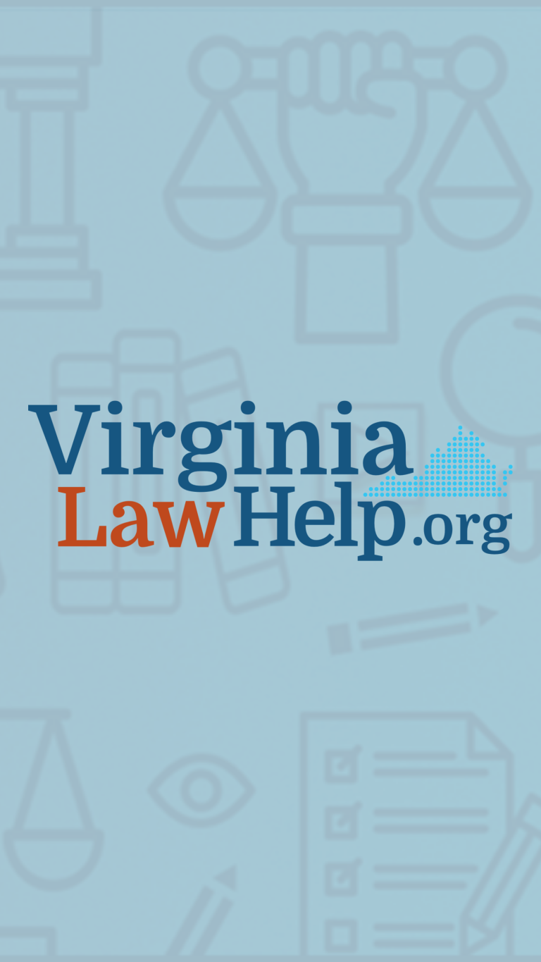 Virginia Law Help logo on a blue background with justice-themed icons, including scales and legal documents, conveying legal support and guidance.
