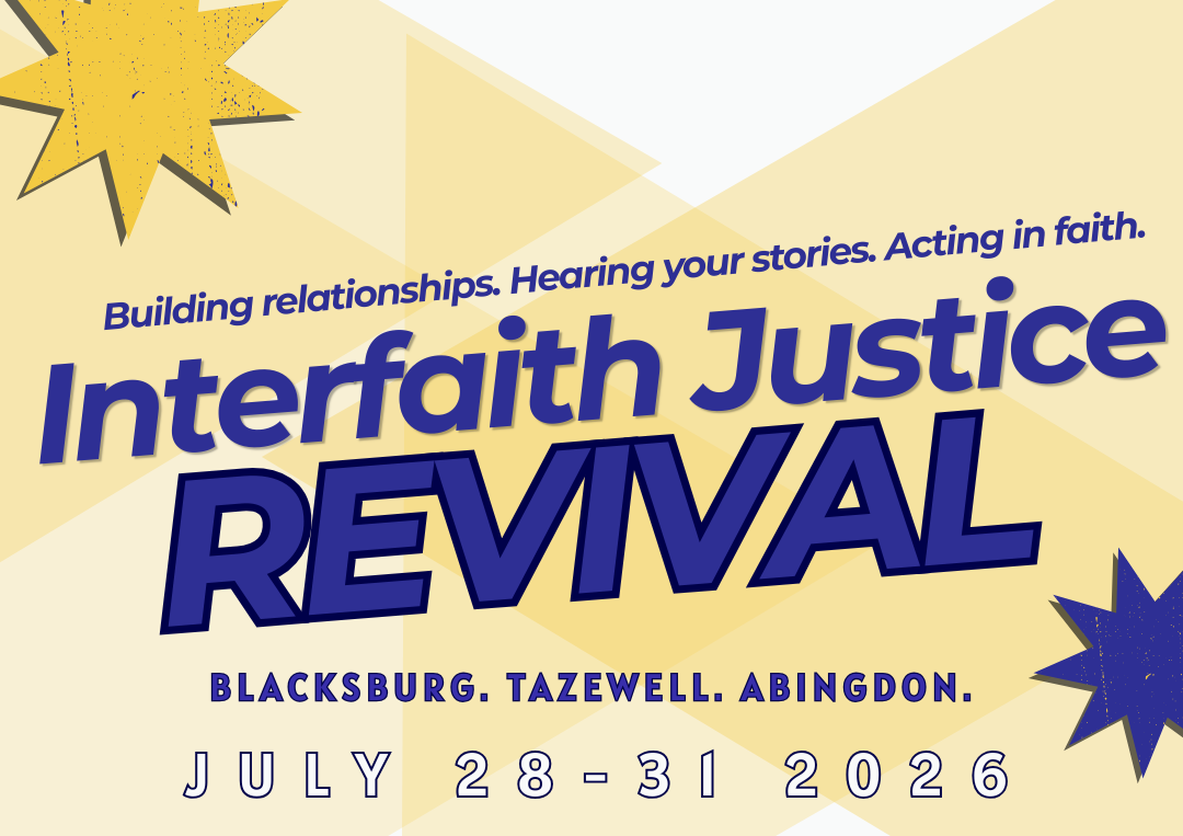 Poster for the Interfaith Justice Revival, July 28-31, 2026, in Virginia, featuring faith leaders discussing the link between faith and justice.